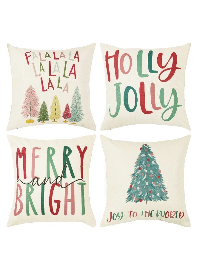 NEWLIGHTURE Merry Bright Christmas Pillow Covers Colorful Holiday Holly Jolly Set of 4 Winter Decorative Throw Pillow Covers Cushion Case for Home Sofa Bed Chair (18" L x 18" W) - Image 1